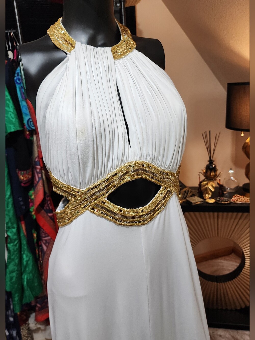Bari Jay Grecian White Halter Gown Gold Beaded Formal Prom Dress S